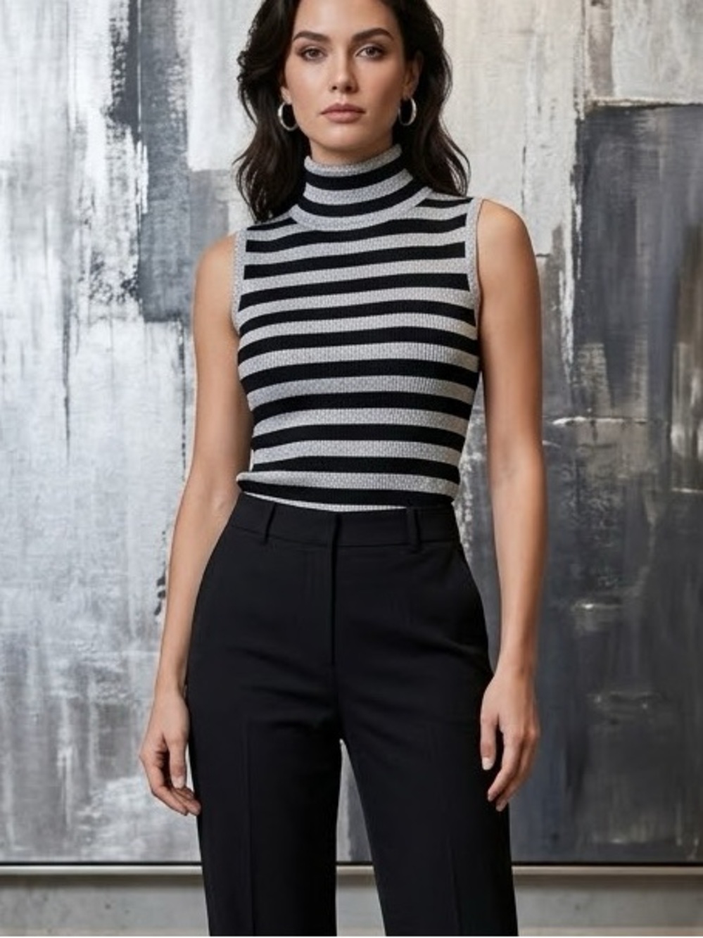 Grace | Silk Blend Black/Silver Metallic Striped Sleeveless Turtleneck Knit Top